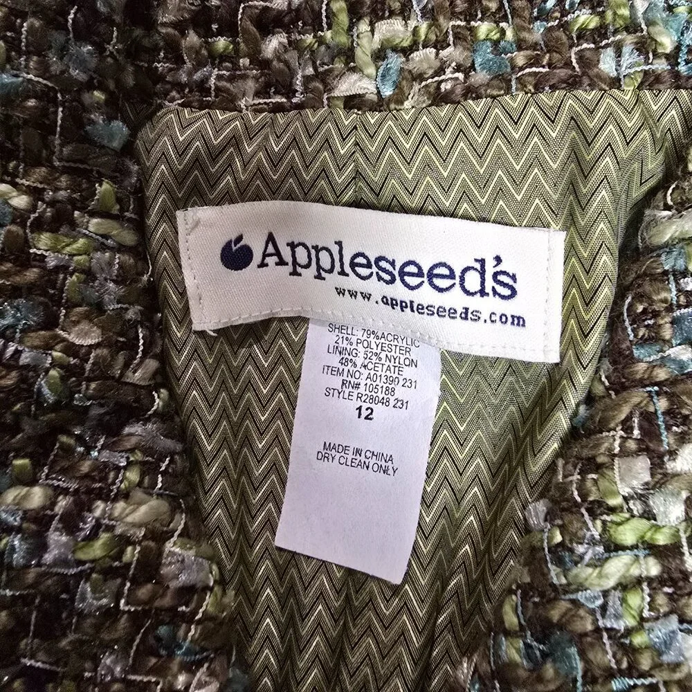 Appleseed's Tweed/Woven Button Up Lined Blazer Front Pockets‎ Olive Green Sz 12